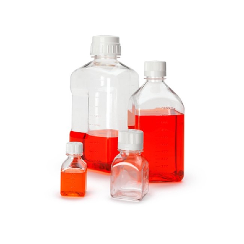 无菌窄口方形培养基瓶，PETG（聚对苯二甲酸乙二醇酯共聚物）；白色高密度聚乙烯螺旋盖，250ml容量