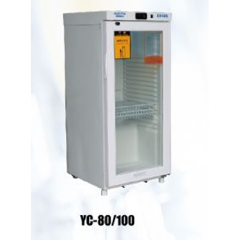 药品冷藏箱2～8℃，YC-100，有效容积：100升；搁架：3个；外形尺寸(宽深高）：472x500x1078mm；内部尺寸(宽深高）：360x400x870mm，AUCMA，澳柯玛