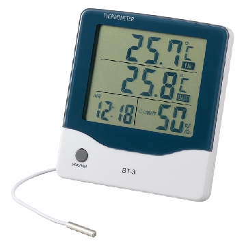 带闹钟大屏温湿度计 ，BT-3，测定范围（温度／湿度）:0～＋50℃（内部）・－50～＋70℃（外部）／20～90%RH，2-897-01，AS ONE，亚速旺