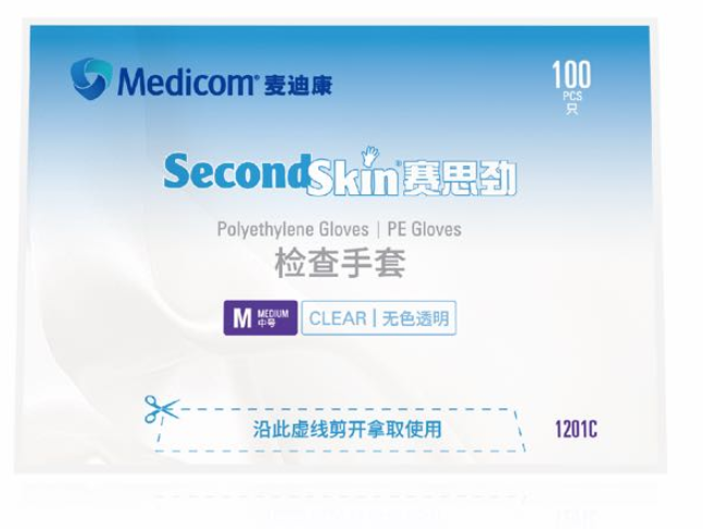 PE检查手套，无粉，中号，100袋/箱×100只/袋，1201C，Medicom