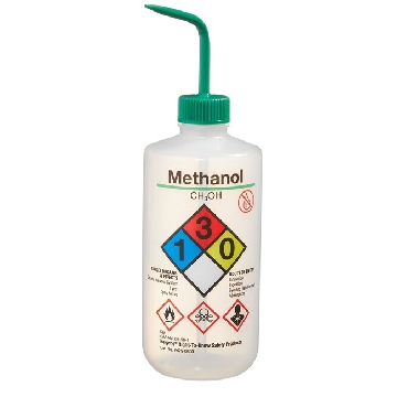 易认安全洗瓶，LDPE，白色LDPE或PPCO瓶体；PP或HDPE盖；PPCO填充管，500ml容量，甲醇，绿色瓶盖，24/箱，2425-0503，Nalgene，Thermofisher，赛默飞世尔