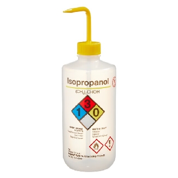 易认安全洗瓶，LDPE，白色LDPE或PPCO瓶体；PP或HDPE盖；PPCO填充管，500ml容量，异丙醇，黄色瓶盖，24/箱，2425-0504，Nalgene，Thermofisher，赛默飞世尔