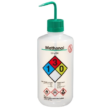 易认安全洗瓶，LDPE，白色LDPE或PPCO瓶体；PP或HDPE盖；PPCO填充管，1000ml容量，甲醇，绿色瓶盖，12/箱，2425-1003，Nalgene，Thermofisher，赛默飞世尔