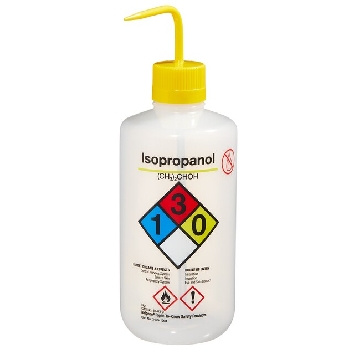 易认安全洗瓶，LDPE，白色LDPE或PPCO瓶体；PP或HDPE盖；PPCO填充管，1000ml容量，异丙醇，黄色瓶盖，12/箱，2425-1004，Nalgene，Thermofisher，赛默飞世尔