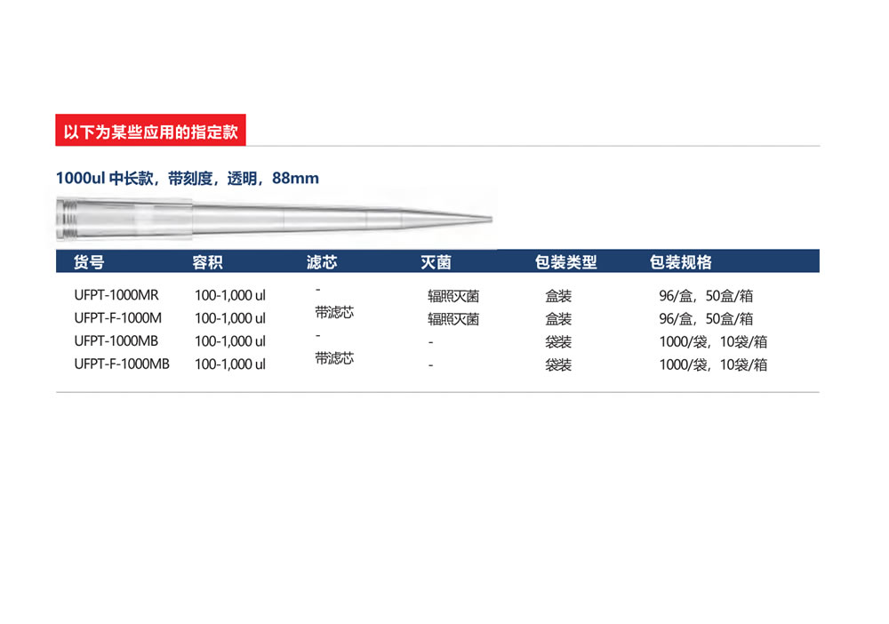 移液吸头盒装不带滤芯，100-1,000 ul，辐照灭菌，带刻度，透明，灭菌，PP，盒装，中长款（88mm），96/盒，50盒/箱，UFPT-1000MR，铂杰